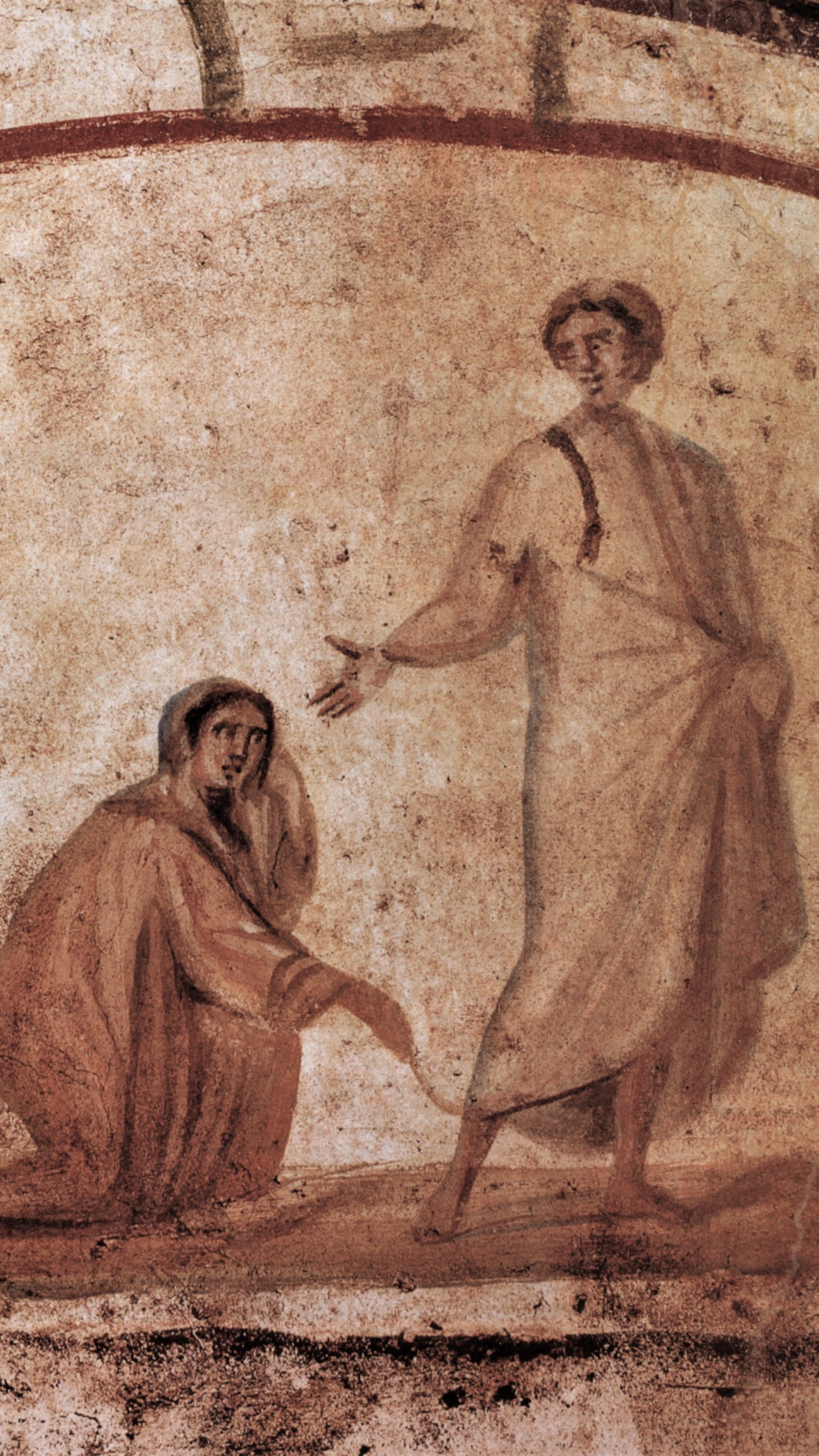 Fresko aus der Petrus/Marcelinus Katakombe um 350 n. Chr. Die blutflüssige Frau Lukas 8, 40-48
