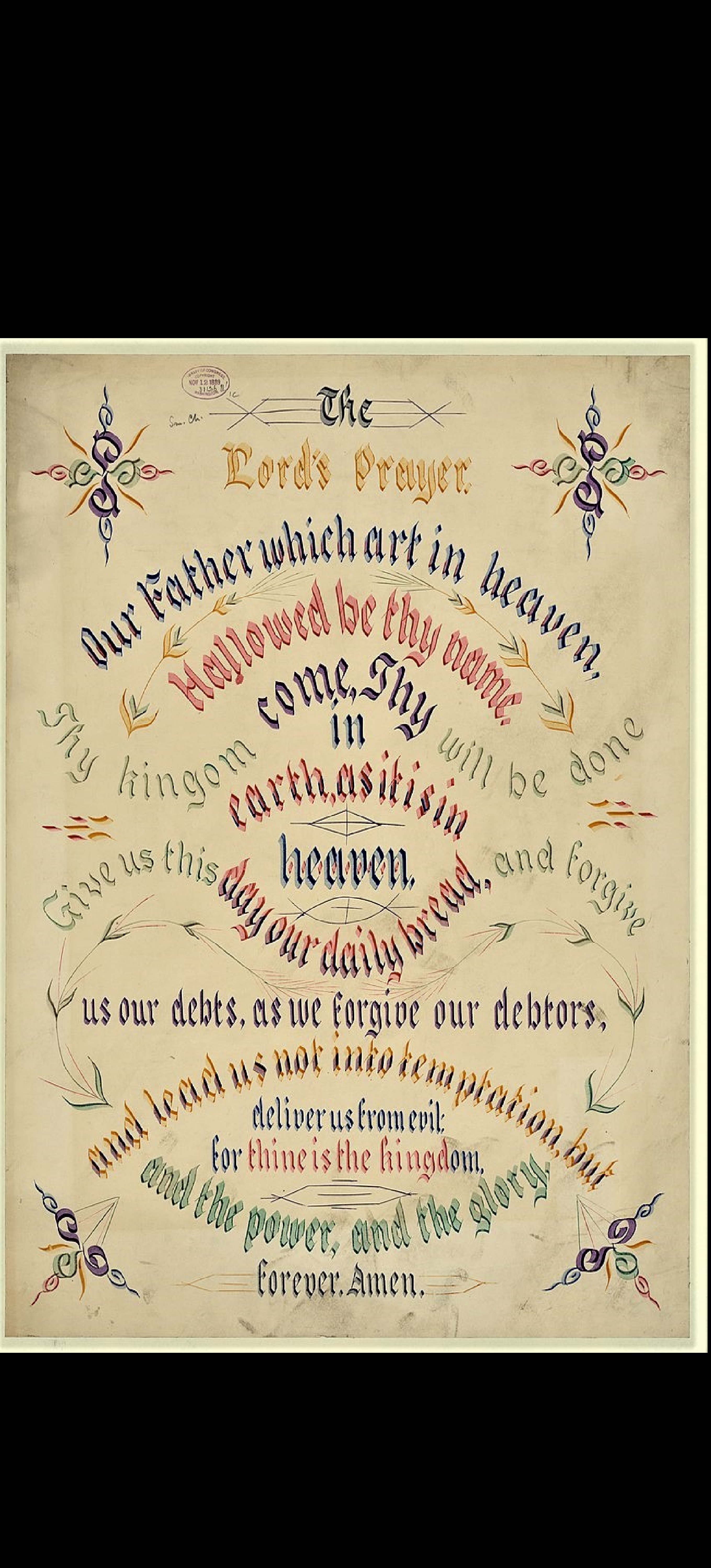 Coaley, John Morgan (um 1889 Kalligraphie USA) Lords Prayer Lukas 11. 1-13