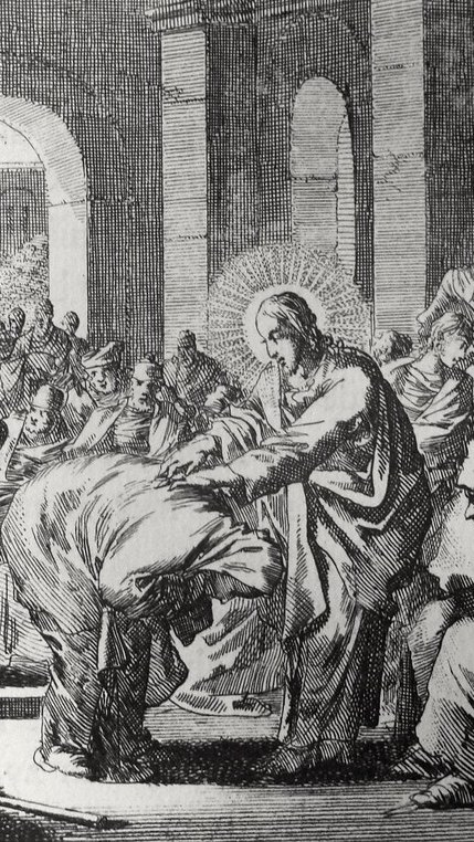 Jan Luyken (1649-1708 NL) Jesus heilt die verkrüppelte Frau Lukas 13, 10-17