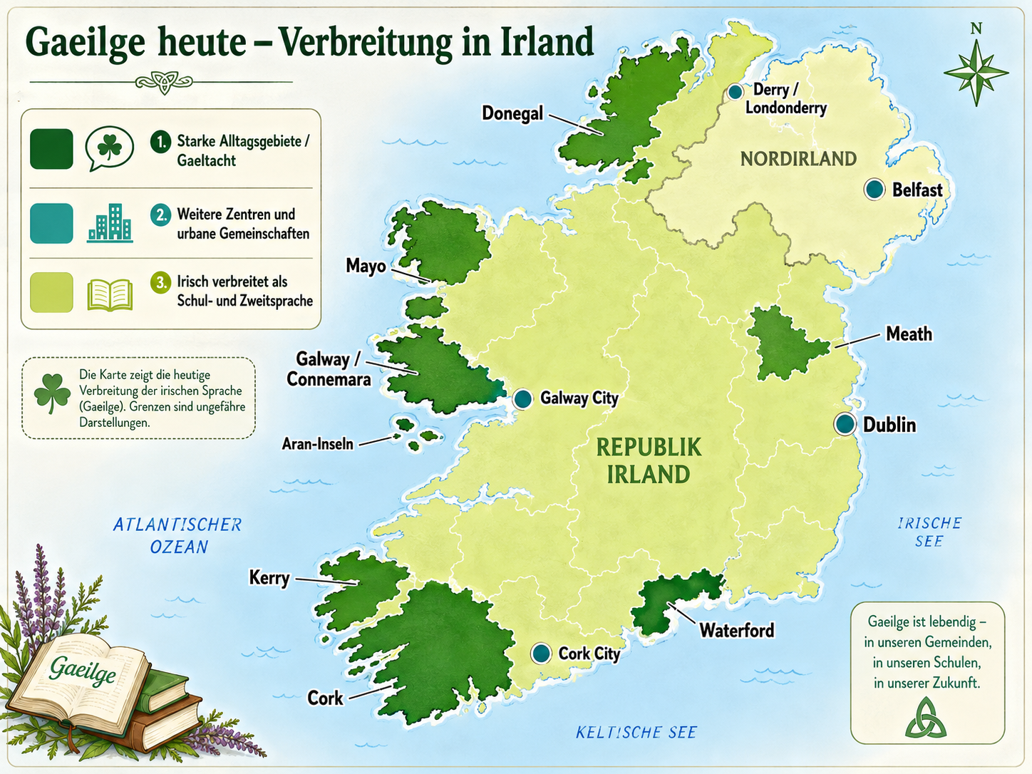 Karte zur heutigen Verbreitung von Gaeilge in Irland