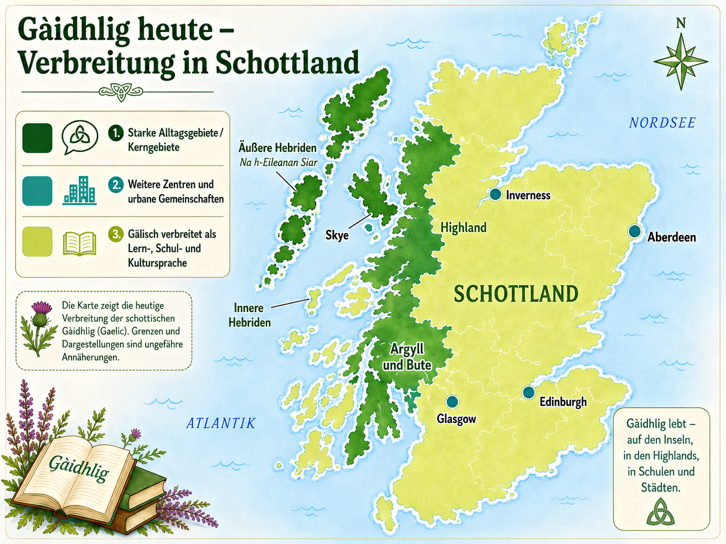 Karte zur heutigen Verbreitung von G&agrave;idhlig in Schottland